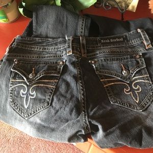 Rock Revival, black wash with gold stitching 33x33